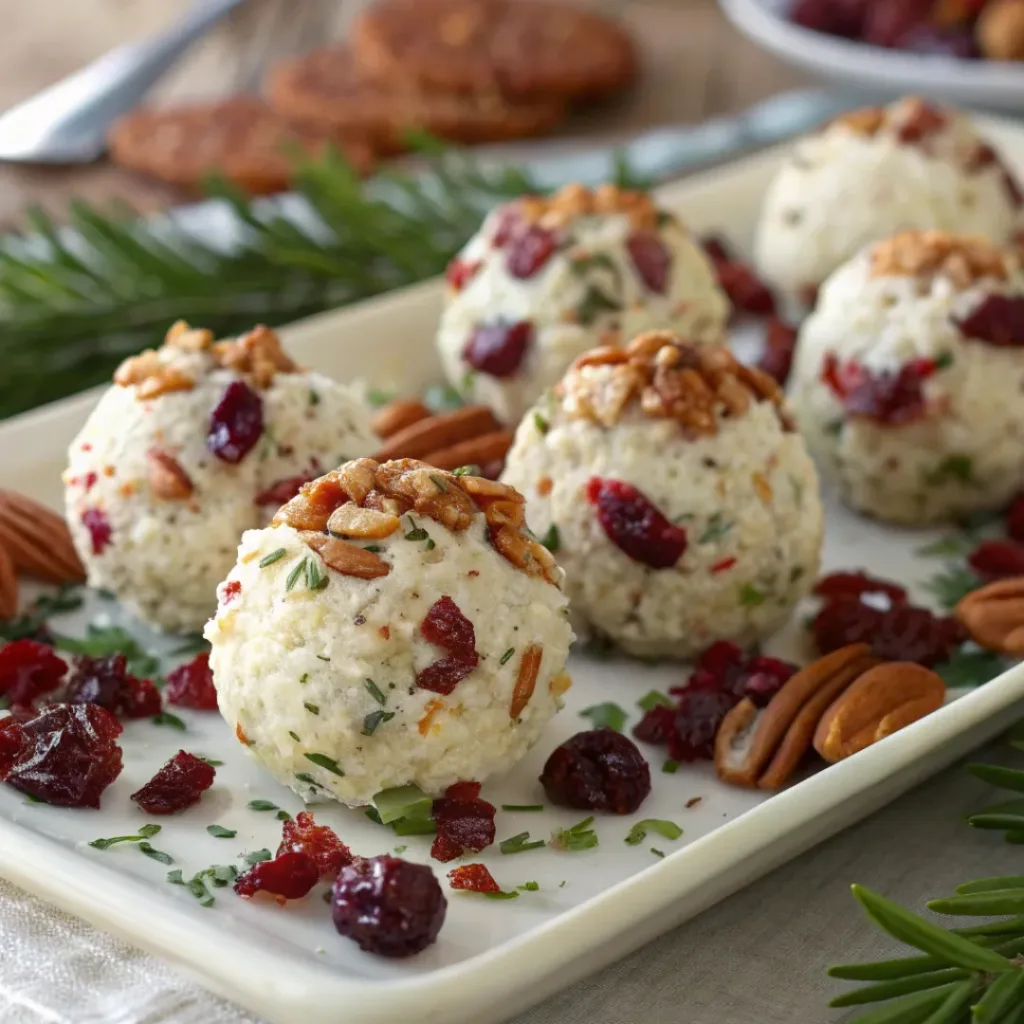 Cranberry pecan goat cheese balls on a serving plate