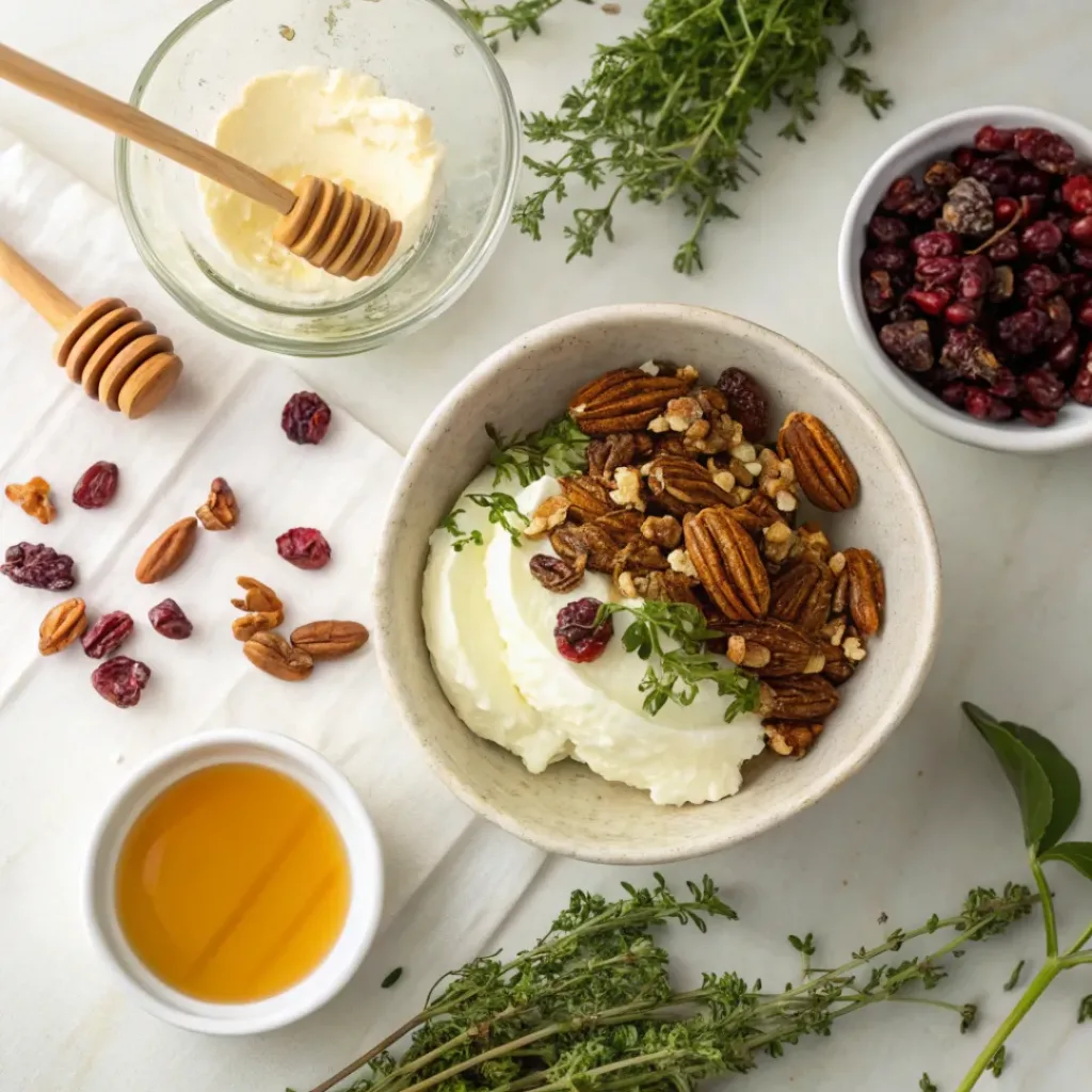 Cranberry Pecan Goat Cheese Balls 6 Flat lay of goat cheese, pecans, dried cranberries, and herbs