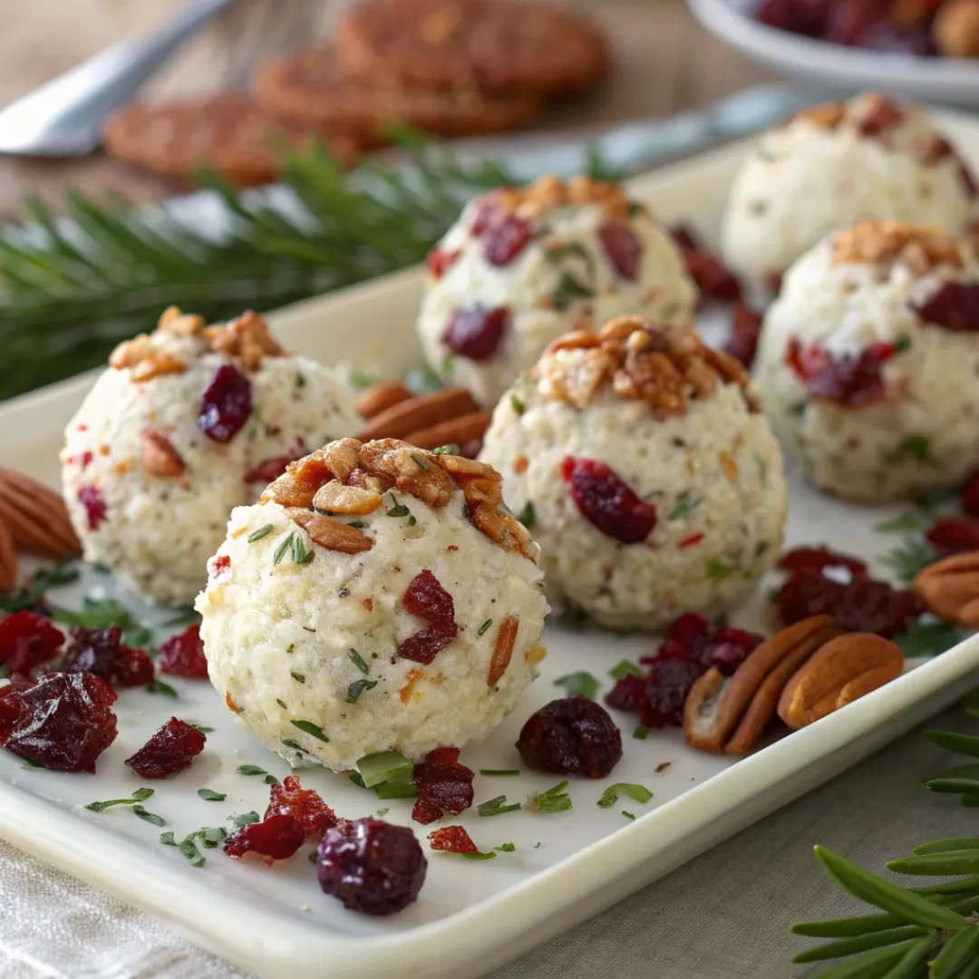 Cranberry pecan goat cheese balls on a serving plate