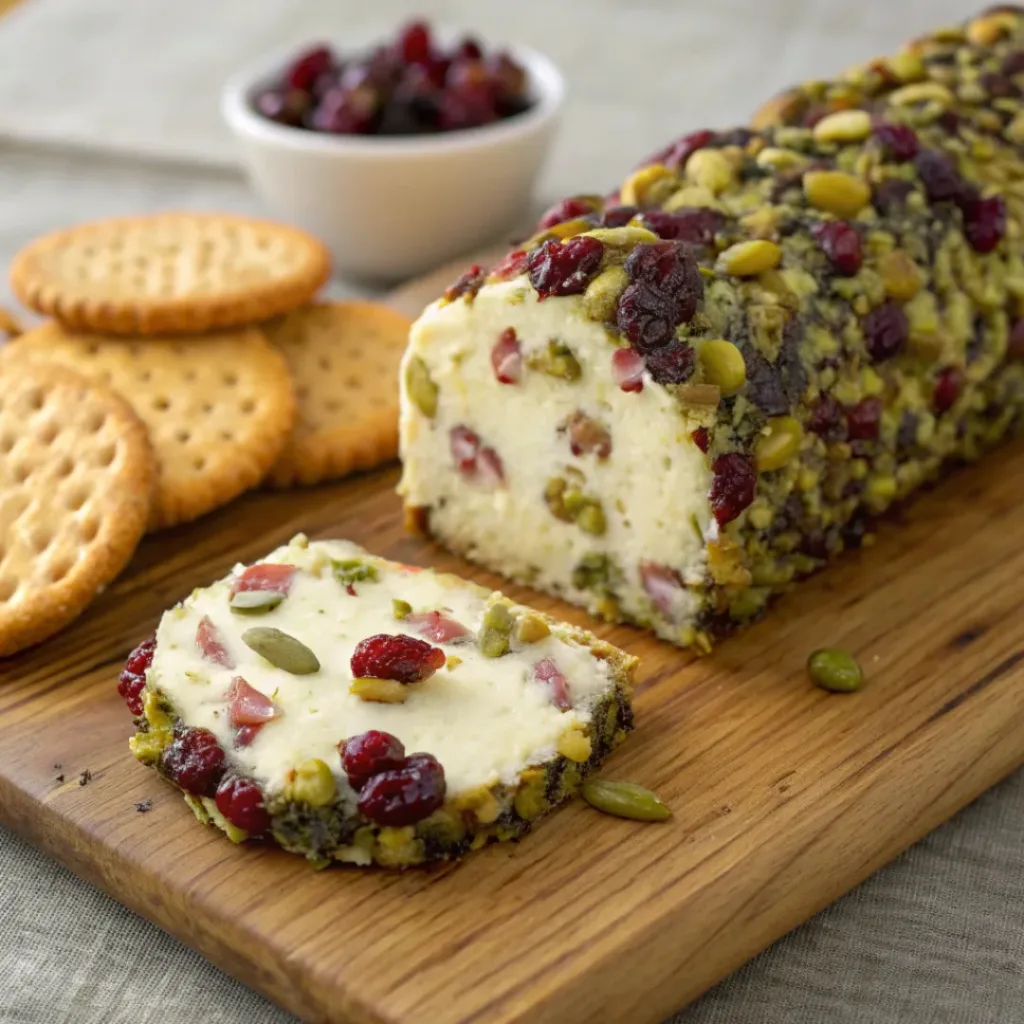 Cheese log coated in cranberries and pistachios