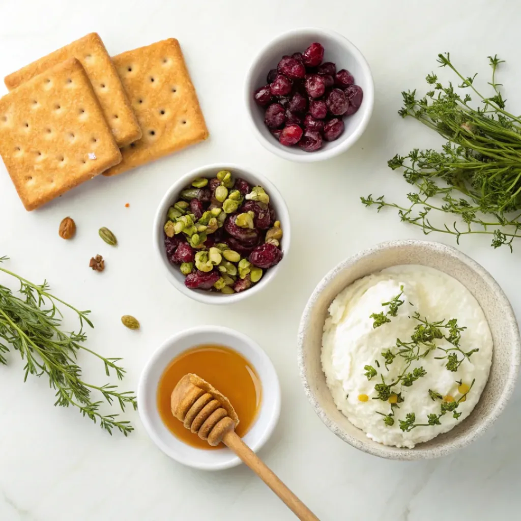 Flat lay of ingredients for cranberry pistachio cheese log
