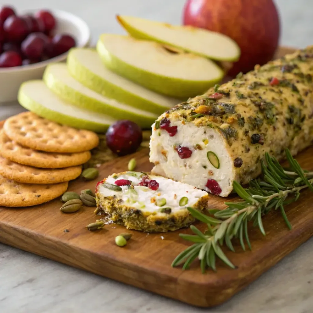 Sliced cheese log served with crackers, bread, or fruit