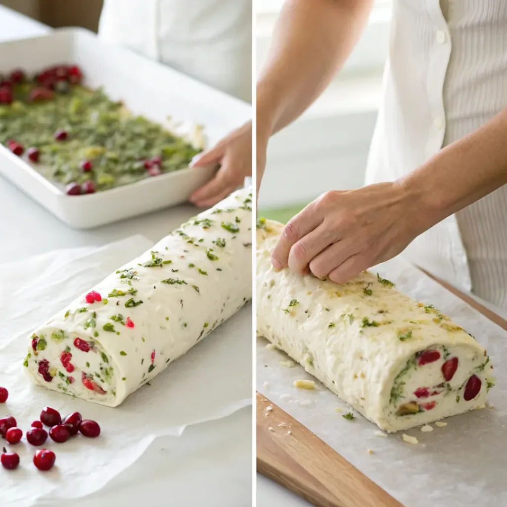 Collage showing steps for making cranberry pistachio cheese log