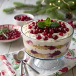 Layered cranberry trifle with cake, custard, and whipped cream