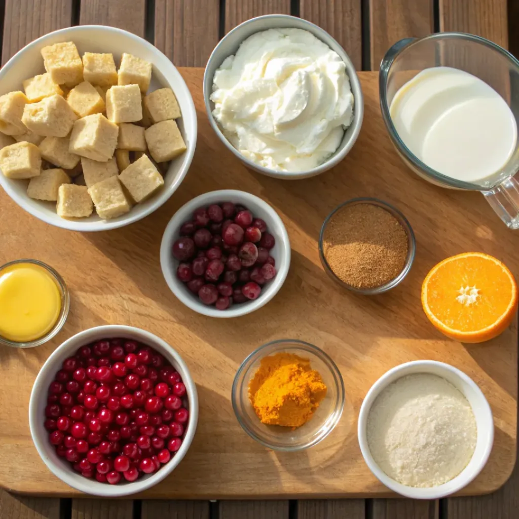 Flat lay of cranberries, custard, cake cubes, and whipped cream for trifle