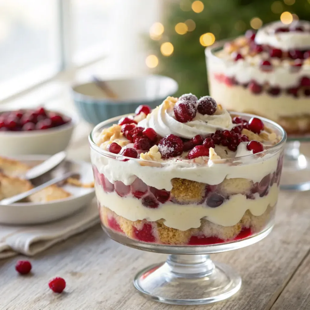 Layered cranberry trifle with custard, whipped cream, and cranberries