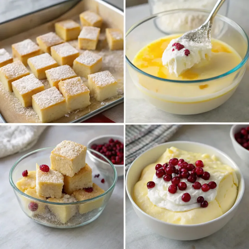 Step-by-step collage showing preparation of cranberry trifle