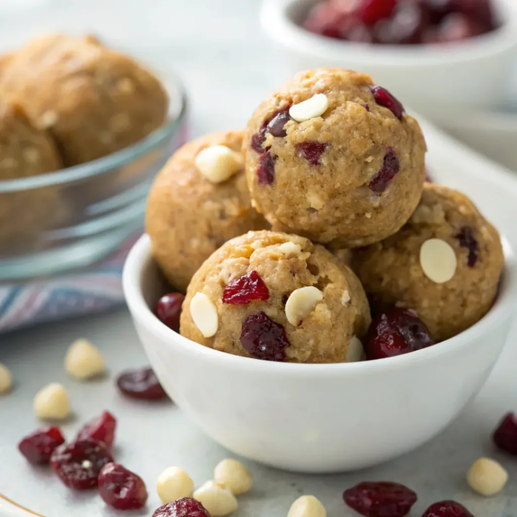 Cranberry White Chocolate Energy Balls served in a small bowl