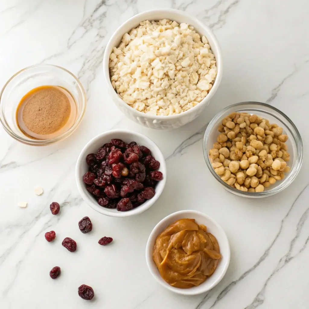 Flat lay of oats, dried cranberries, white chocolate chips, nuts, and binding ingredients