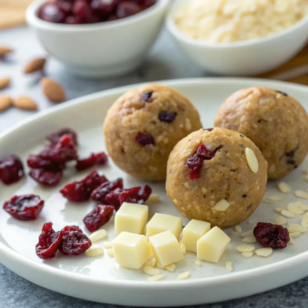 Cranberry White Chocolate Energy Balls served in a small bowl