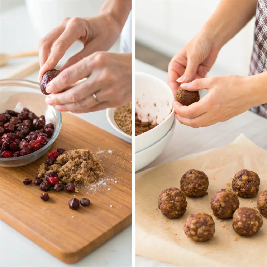 Collage showing steps to make Cranberry White Chocolate Energy Balls