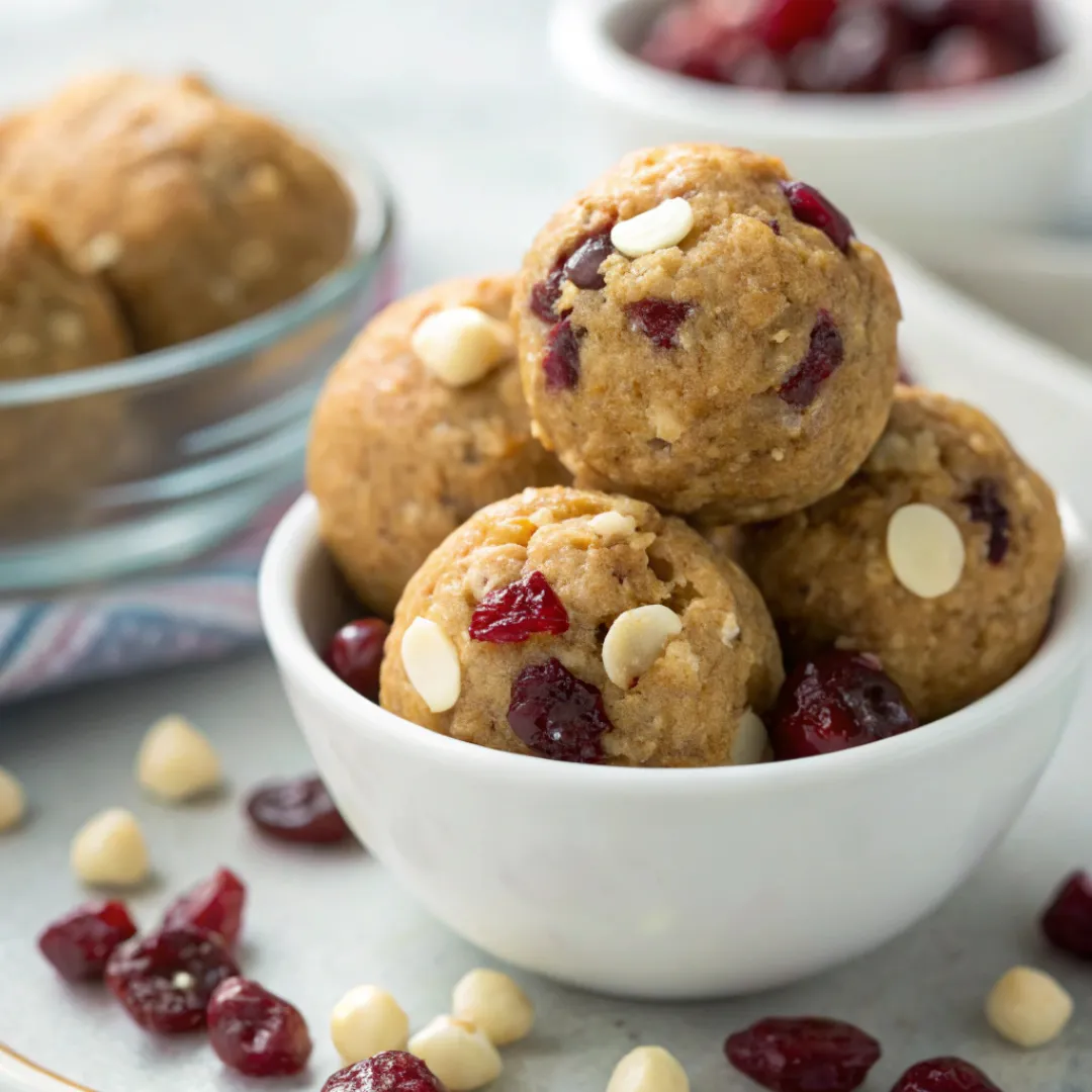 Cranberry White Chocolate Energy Balls served in a small bowl