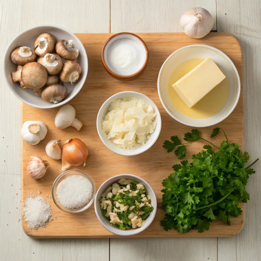 Easy Homemade Cream of Mushroom Soup 6 Flat lay of mushrooms, cream, onions, garlic, and broth for soup