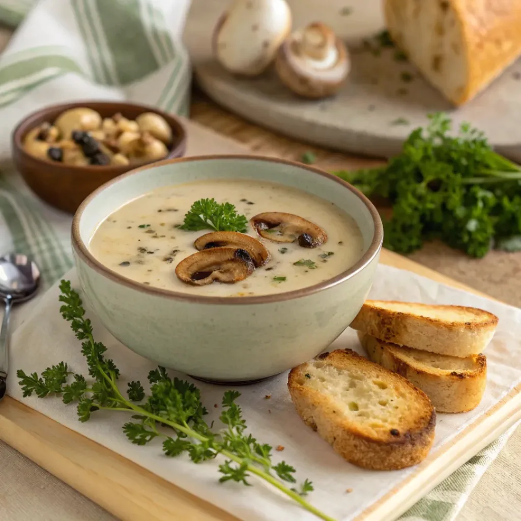 Easy Homemade Cream of Mushroom Soup 8 Bowl of cream of mushroom soup with toasted bread and parsley garnish