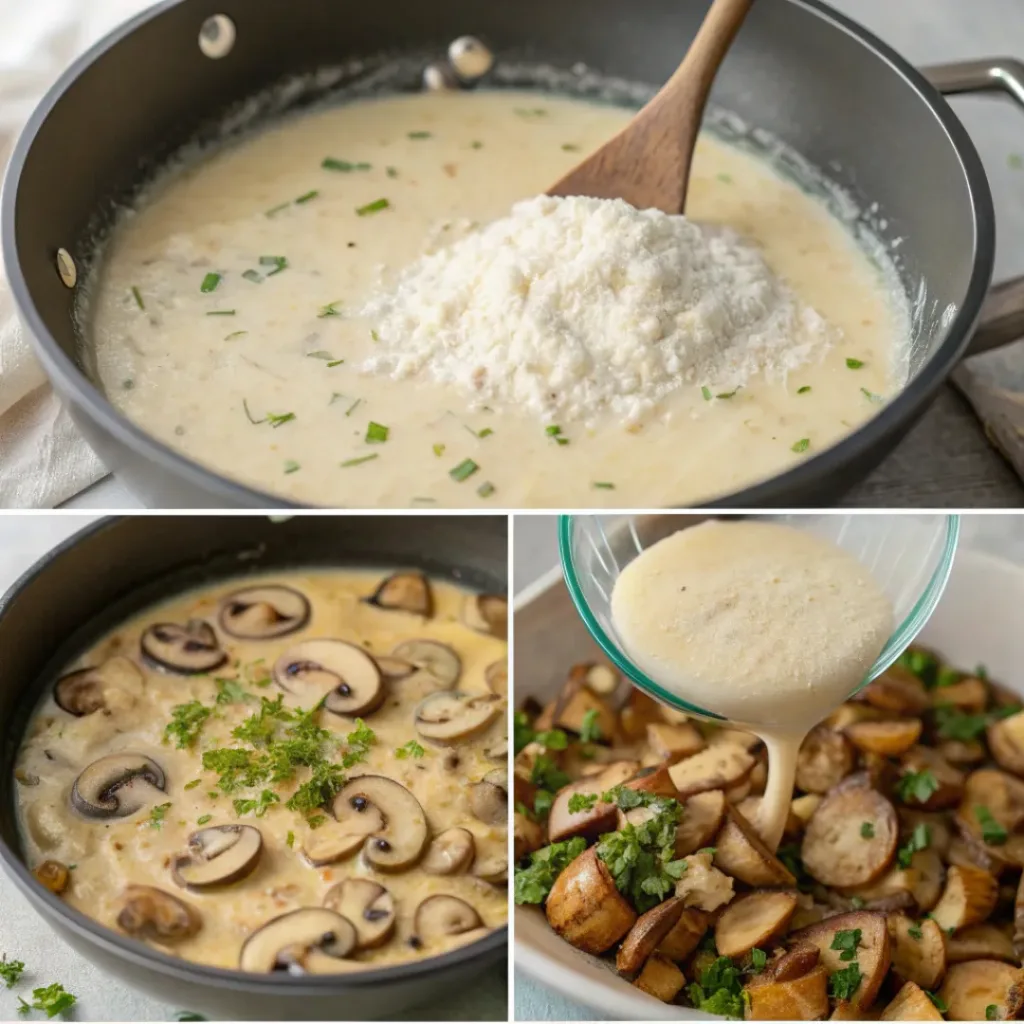 Easy Homemade Cream of Mushroom Soup 7 Step-by-step collage showing preparation of cream of mushroom soup
