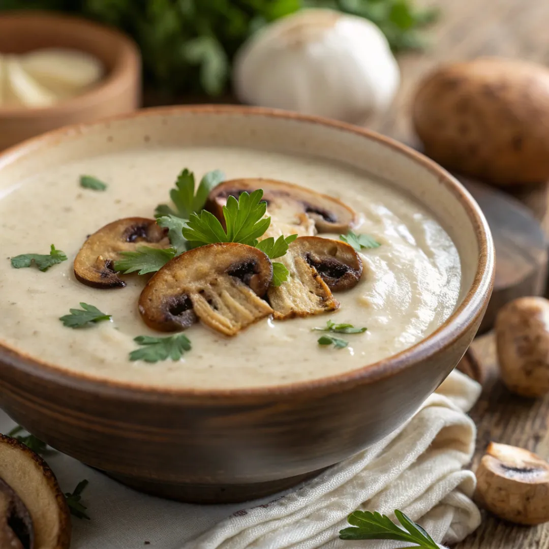Bowl of creamy mushroom soup topped with sautéed mushrooms and parsley