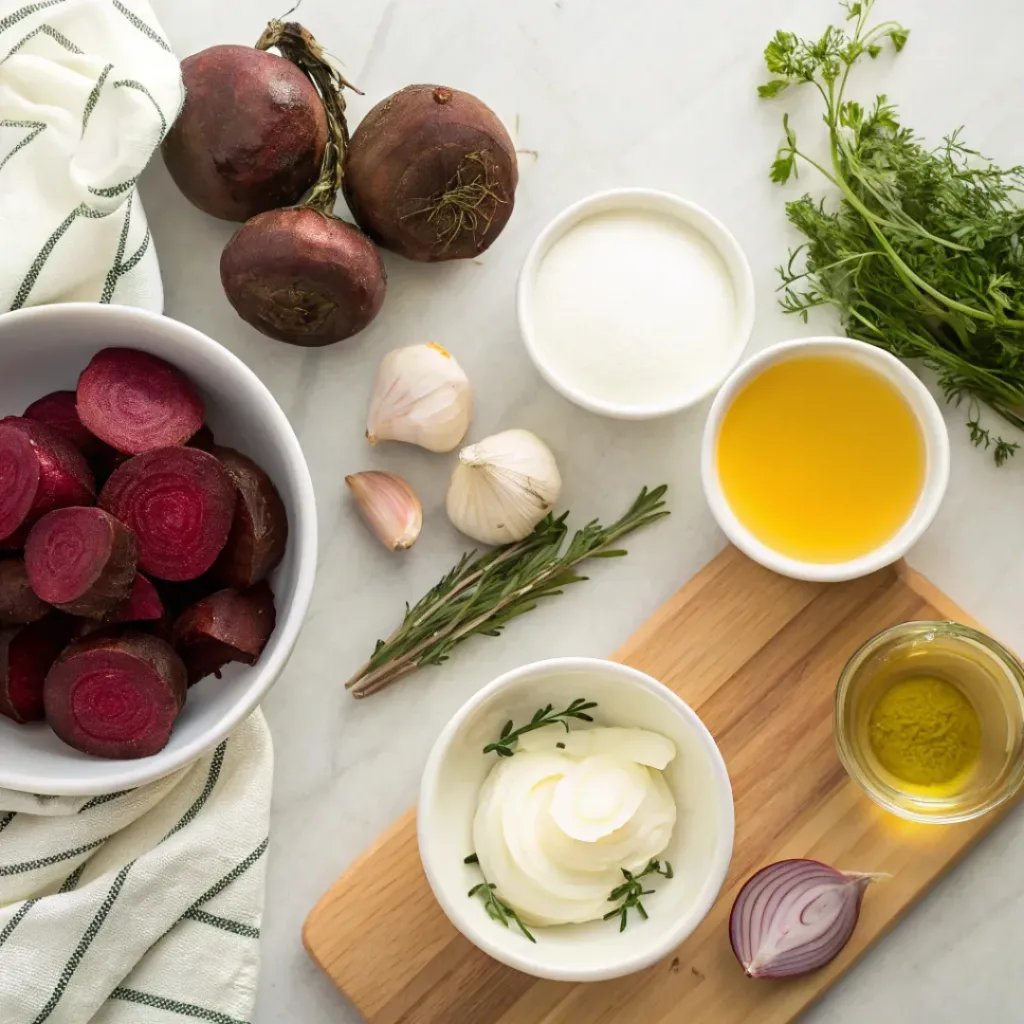 Flat lay of beets, onions, garlic, vegetable broth, and cream
