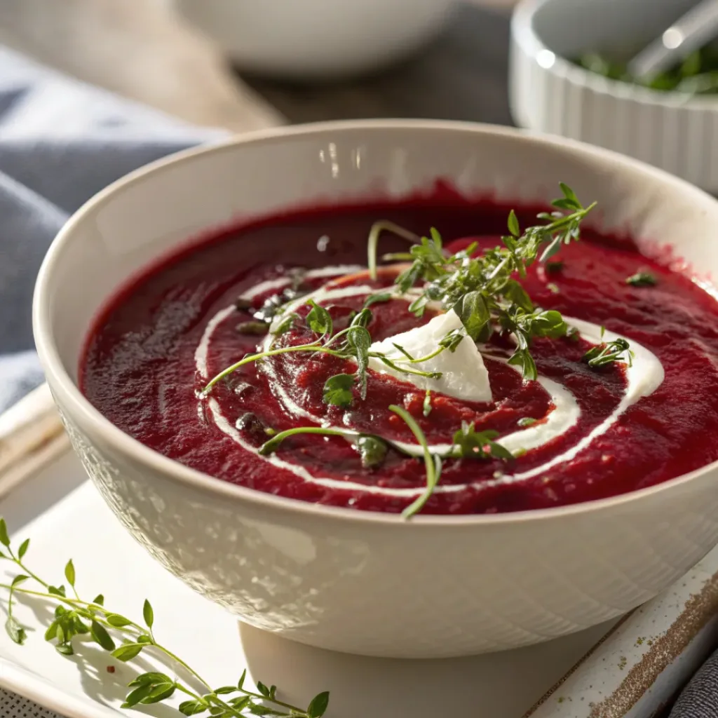 Creamy Beet Soup served with crusty bread and herbs