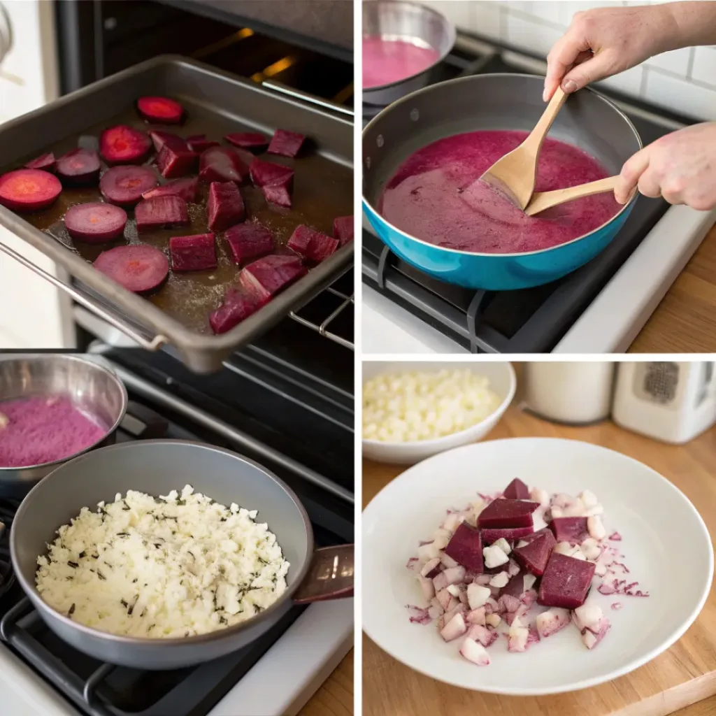 Collage showing steps to make Creamy Beet Soup