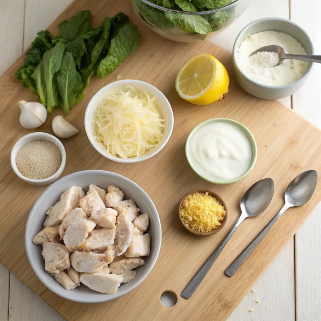 Flat lay of chicken, Caesar dressing, Parmesan, and seasonings for dip