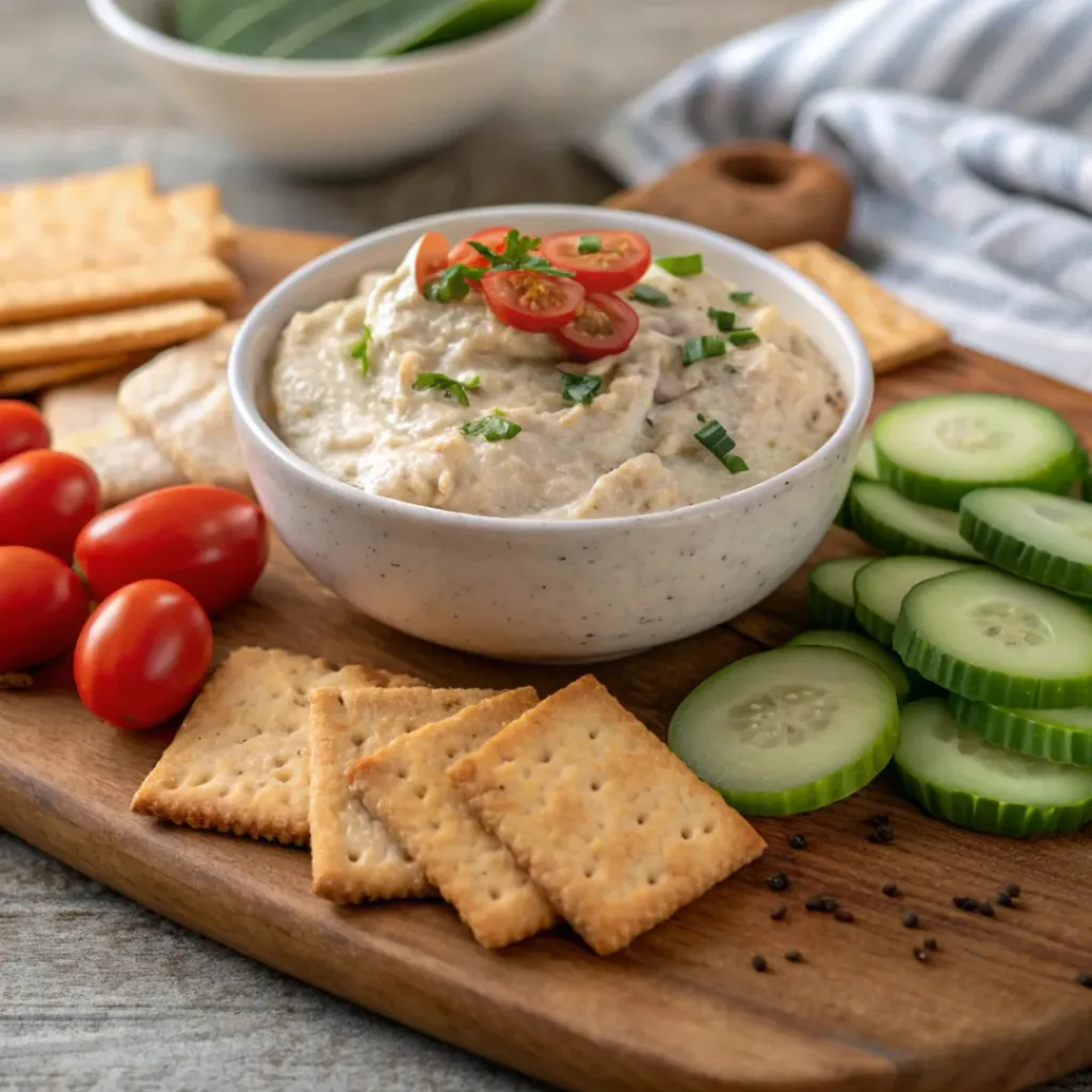Creamy chicken Caesar dip served with crackers and fresh vegetables