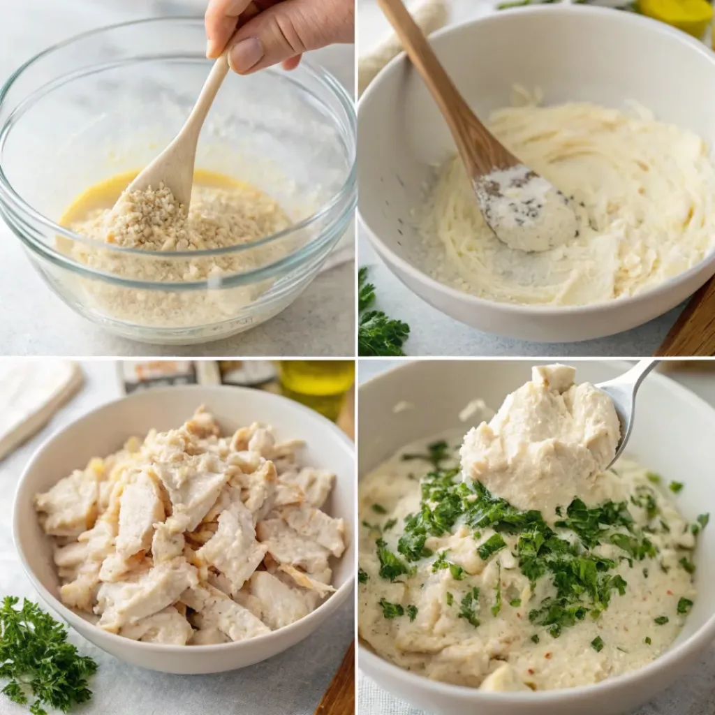 Step-by-step collage showing the preparation of creamy chicken Caesar dip