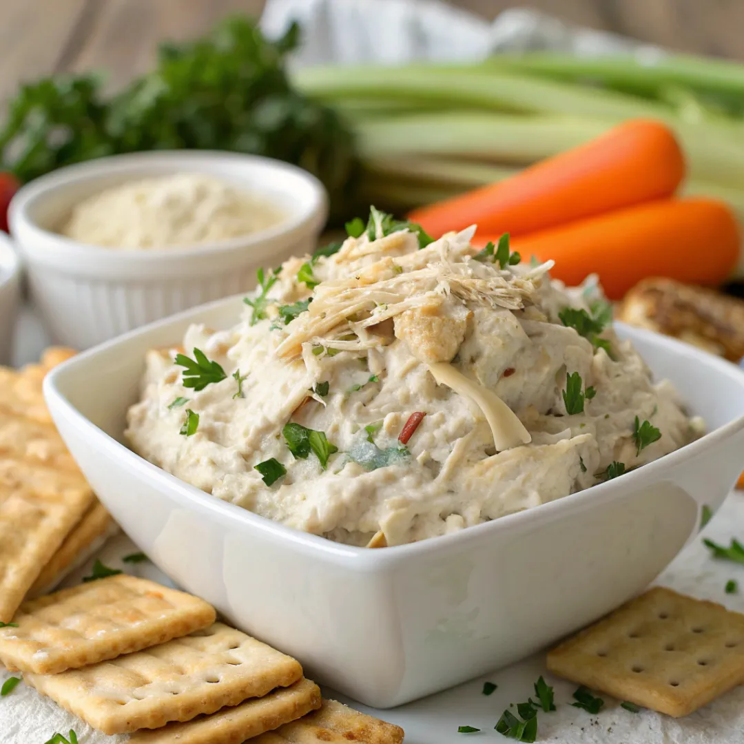 Bowl of creamy chicken Caesar dip topped with chicken, Parmesan, and parsley