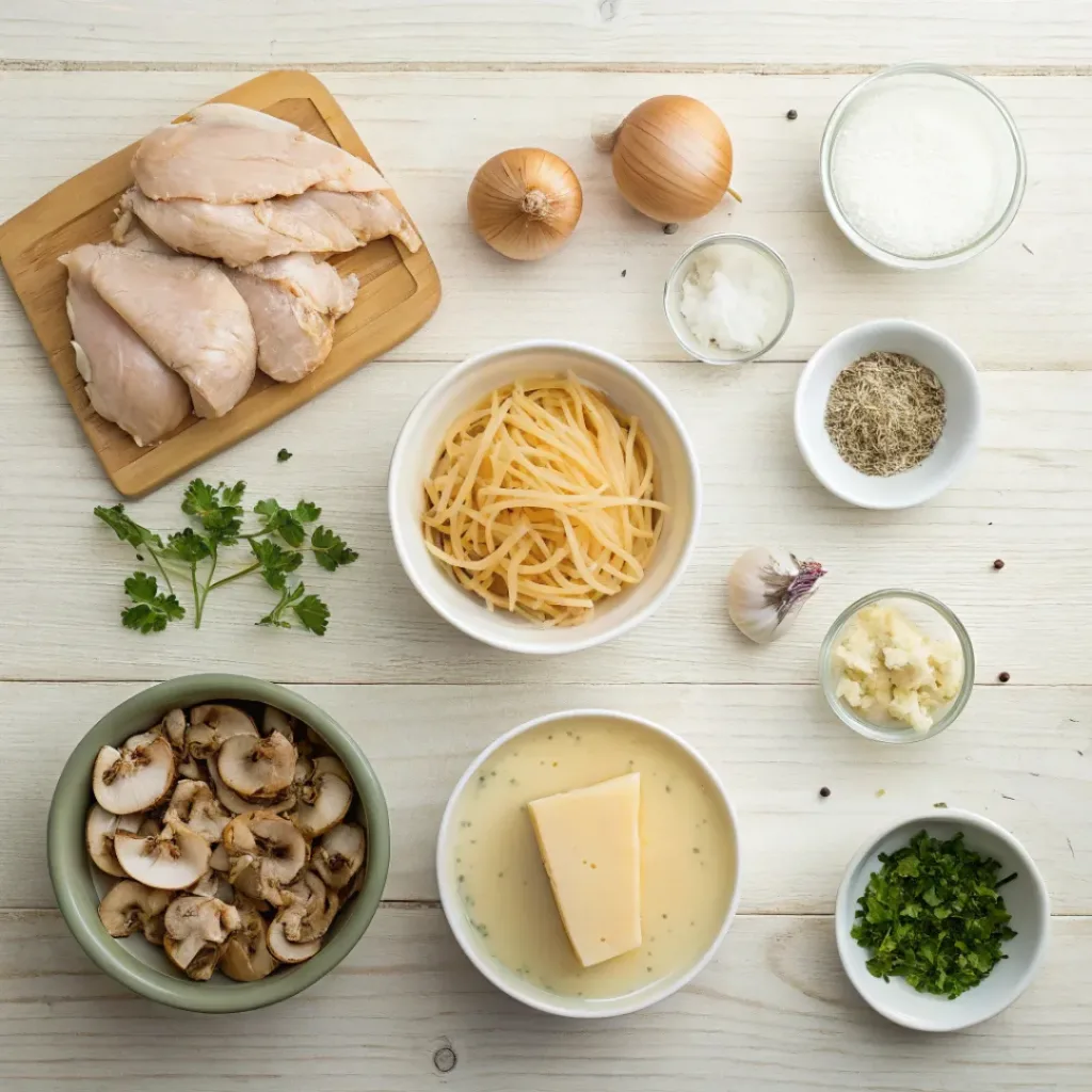 Flat lay of pasta, chicken, mushrooms, and cream for tetrazzini soup