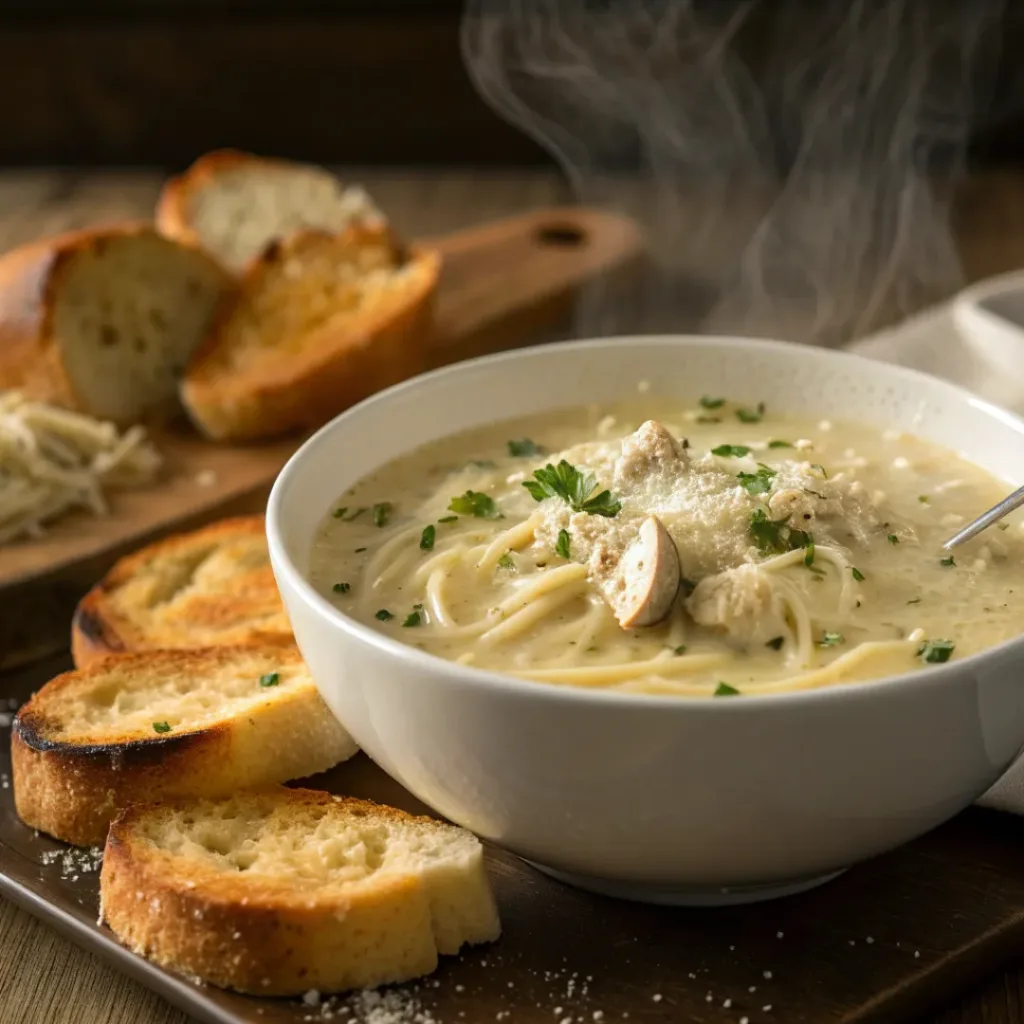 Bowl of creamy chicken tetrazzini soup with garlic bread on the side