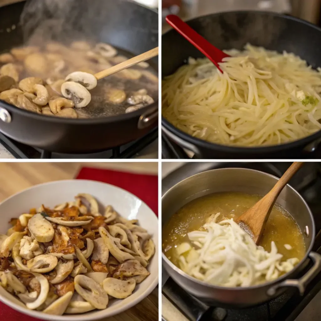 Step-by-step collage of cooking creamy chicken tetrazzini soup