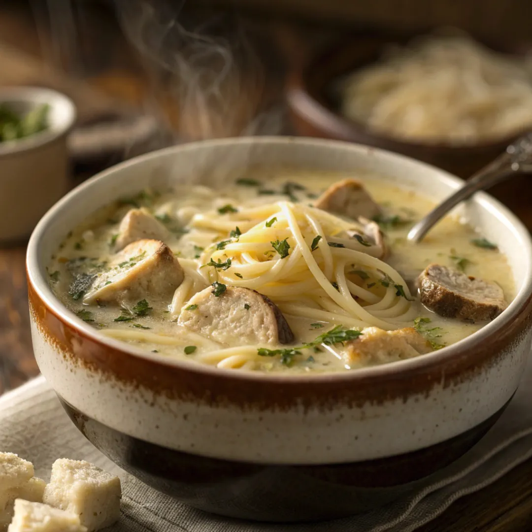 Bowl of creamy chicken tetrazzini soup with pasta, chicken, and mushrooms