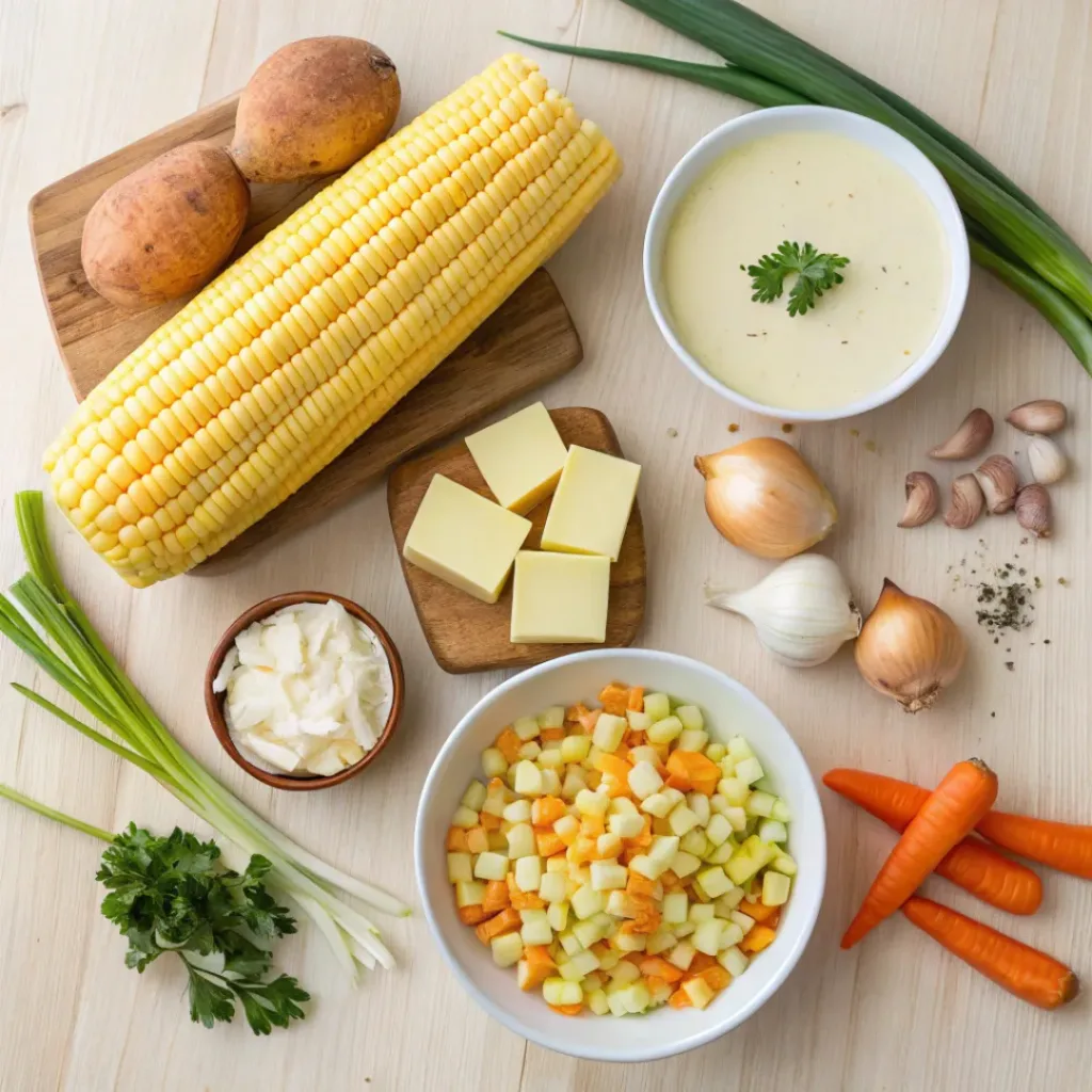 Flat lay of corn, potatoes, cream, and vegetables for corn chowder