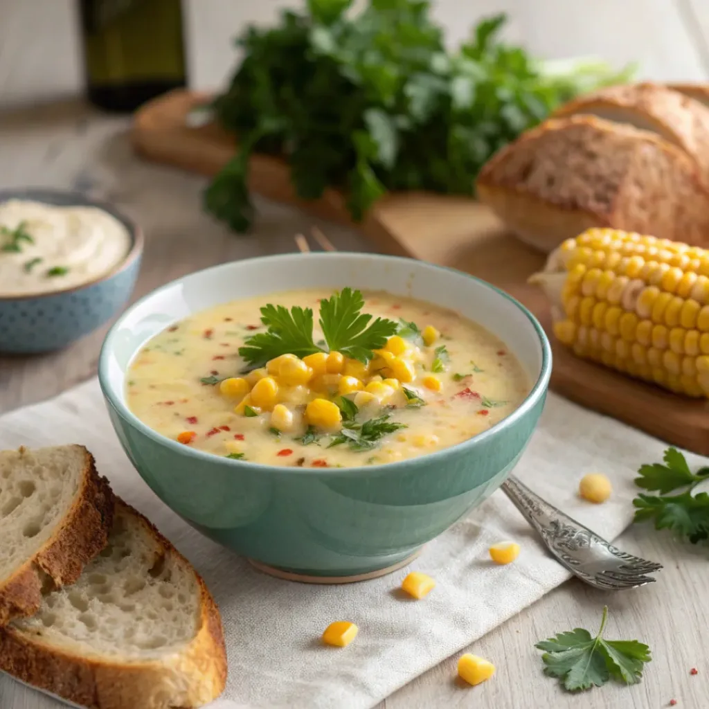 Bowl of creamy corn chowder with parsley, bacon, and crusty bread