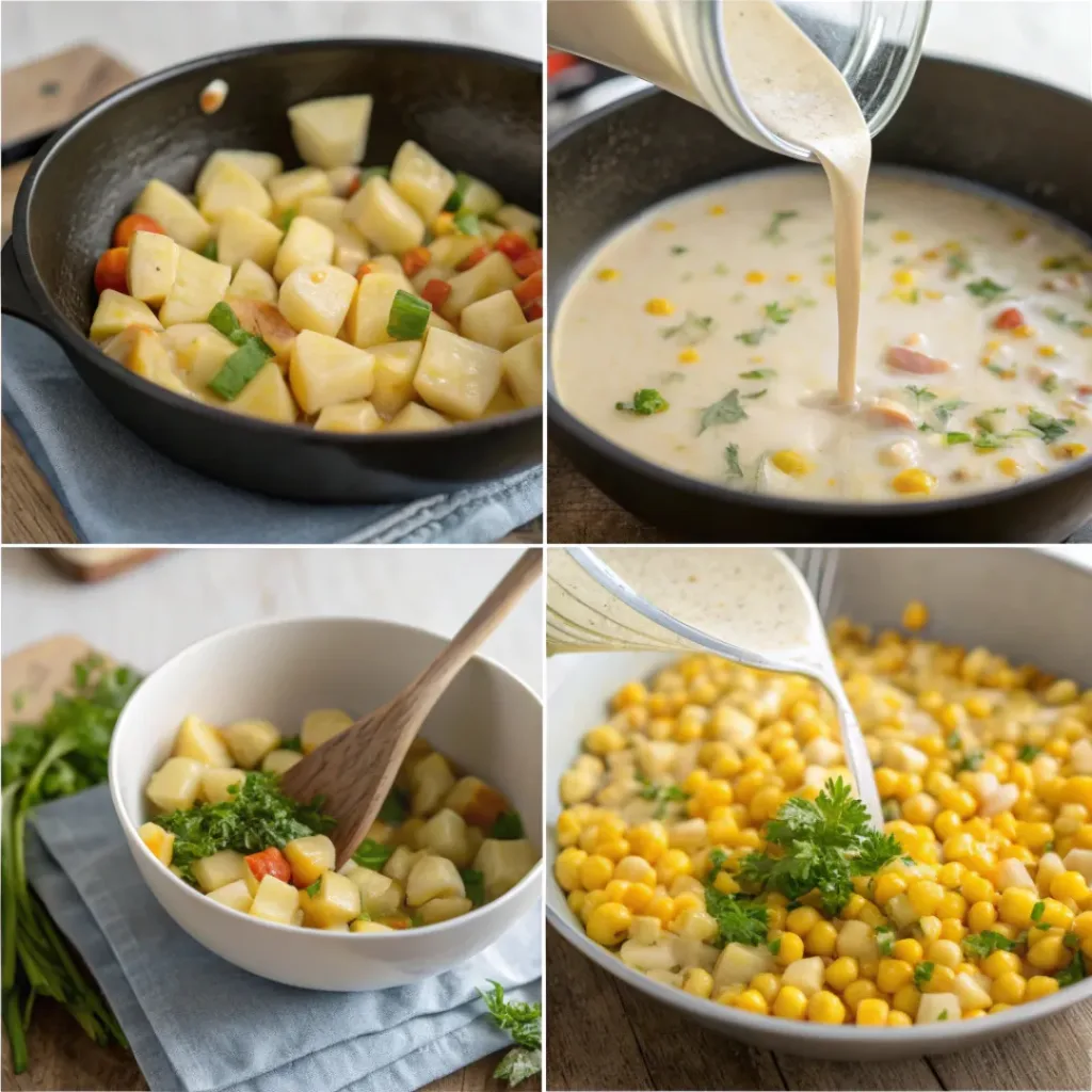 Step-by-step collage showing preparation of creamy corn chowder