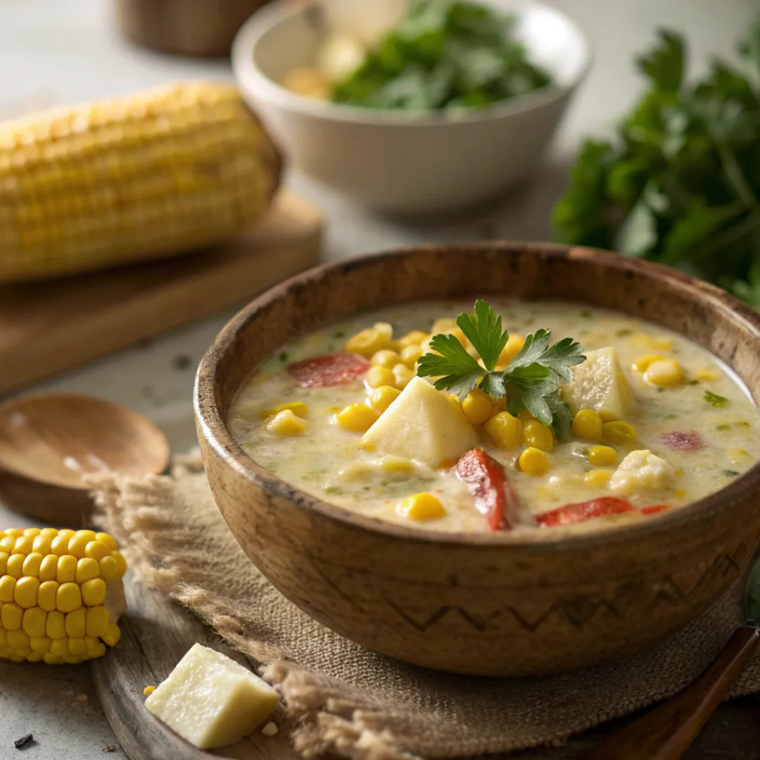 Bowl of creamy corn chowder with corn, potatoes, parsley