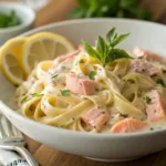 Creamy salmon pasta with garlic sauce and herbs