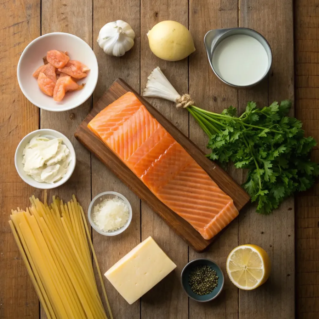 Rich and Creamy Salmon Pasta 6 Flat lay of ingredients for creamy salmon pasta