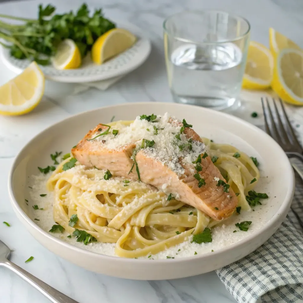 Rich and Creamy Salmon Pasta 8 Plate of creamy salmon pasta with Parmesan and herbs