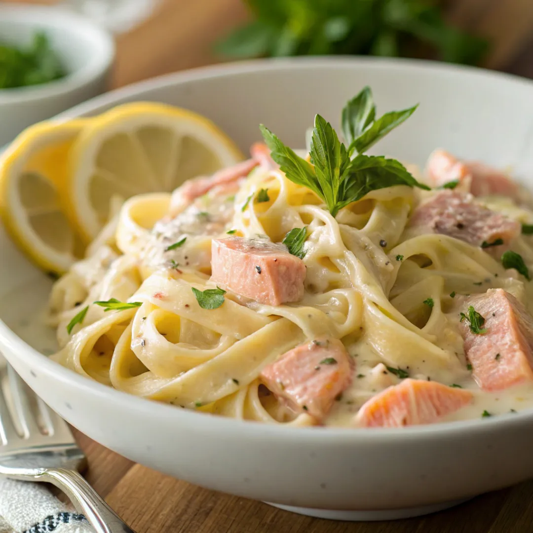 Creamy salmon pasta with garlic sauce and herbs