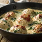 Chicken meatballs in creamy Tuscan sauce with spinach and sun-dried tomatoes
