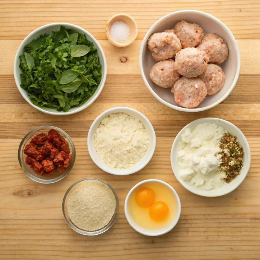 Flat lay of ingredients for Tuscan chicken meatballs