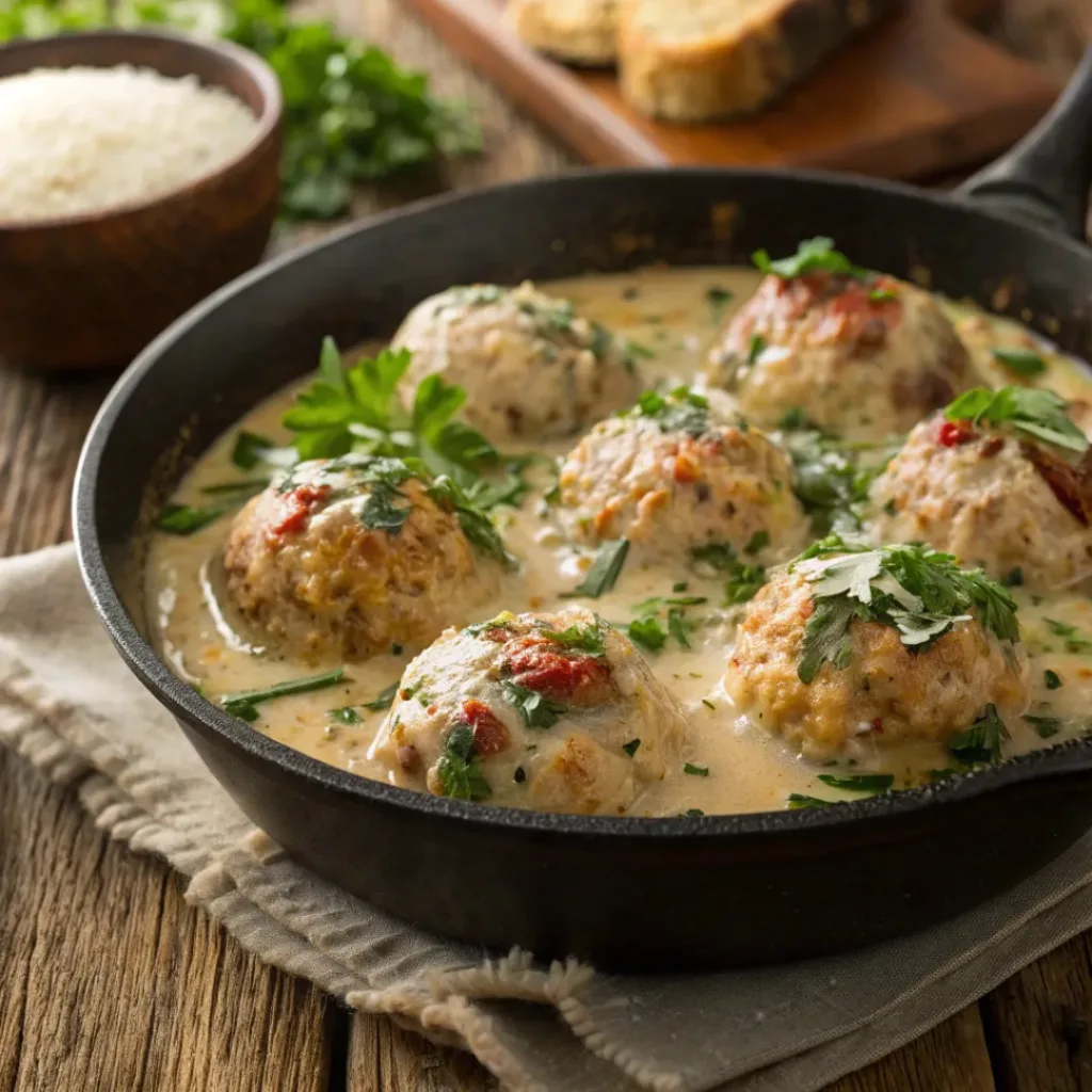 Bowl of creamy Tuscan chicken meatballs garnished with Parmesan and parsley