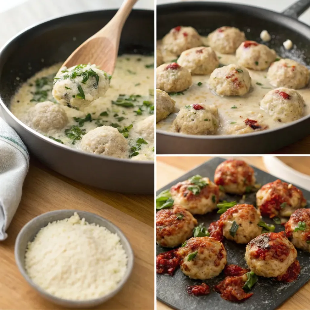 Step-by-step collage showing preparation of Tuscan chicken meatballs