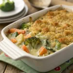 Flat lay of vegetables, cheese, cream, and breadcrumbs for casserole