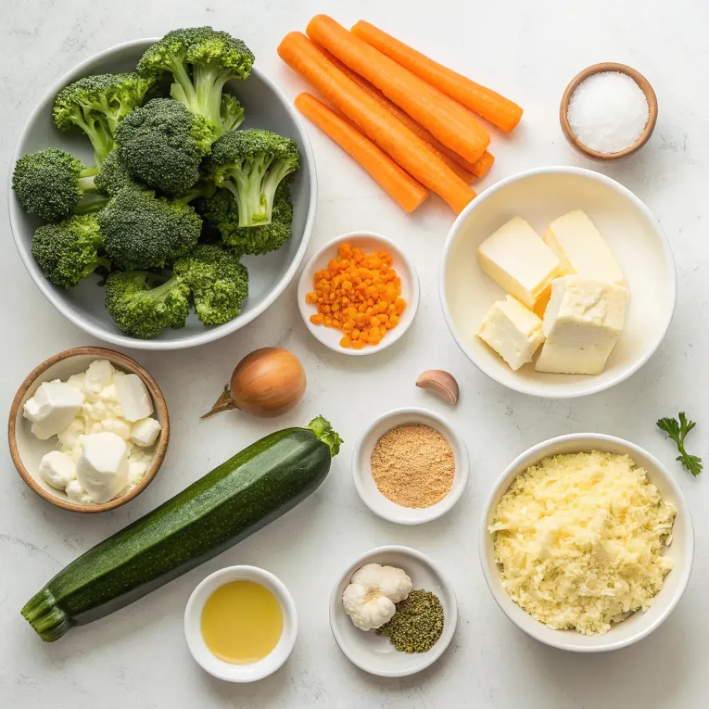 Creamy Vegetable Casserole – Comforting & Flavorful Veggie Bake 6 Flat lay of vegetables, cheese, cream, and breadcrumbs for casserole