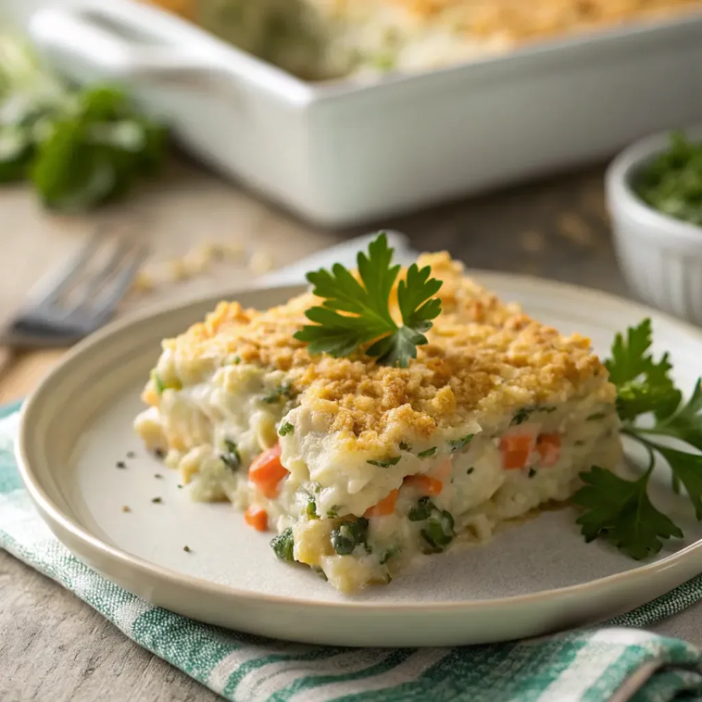 Creamy Vegetable Casserole – Comforting & Flavorful Veggie Bake 8 Serving of creamy vegetable casserole on a plate with herbs
