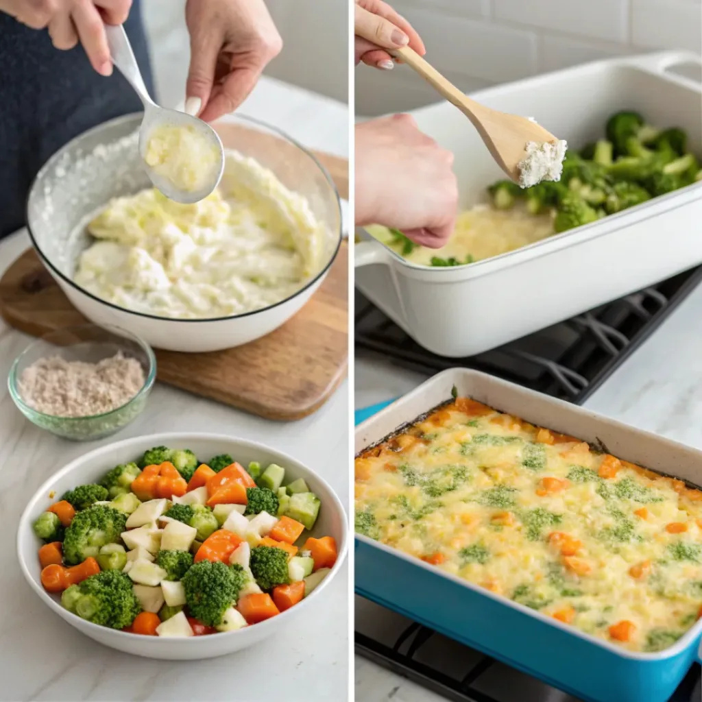 Creamy Vegetable Casserole – Comforting & Flavorful Veggie Bake 7 Collage showing steps to prepare creamy vegetable casserole