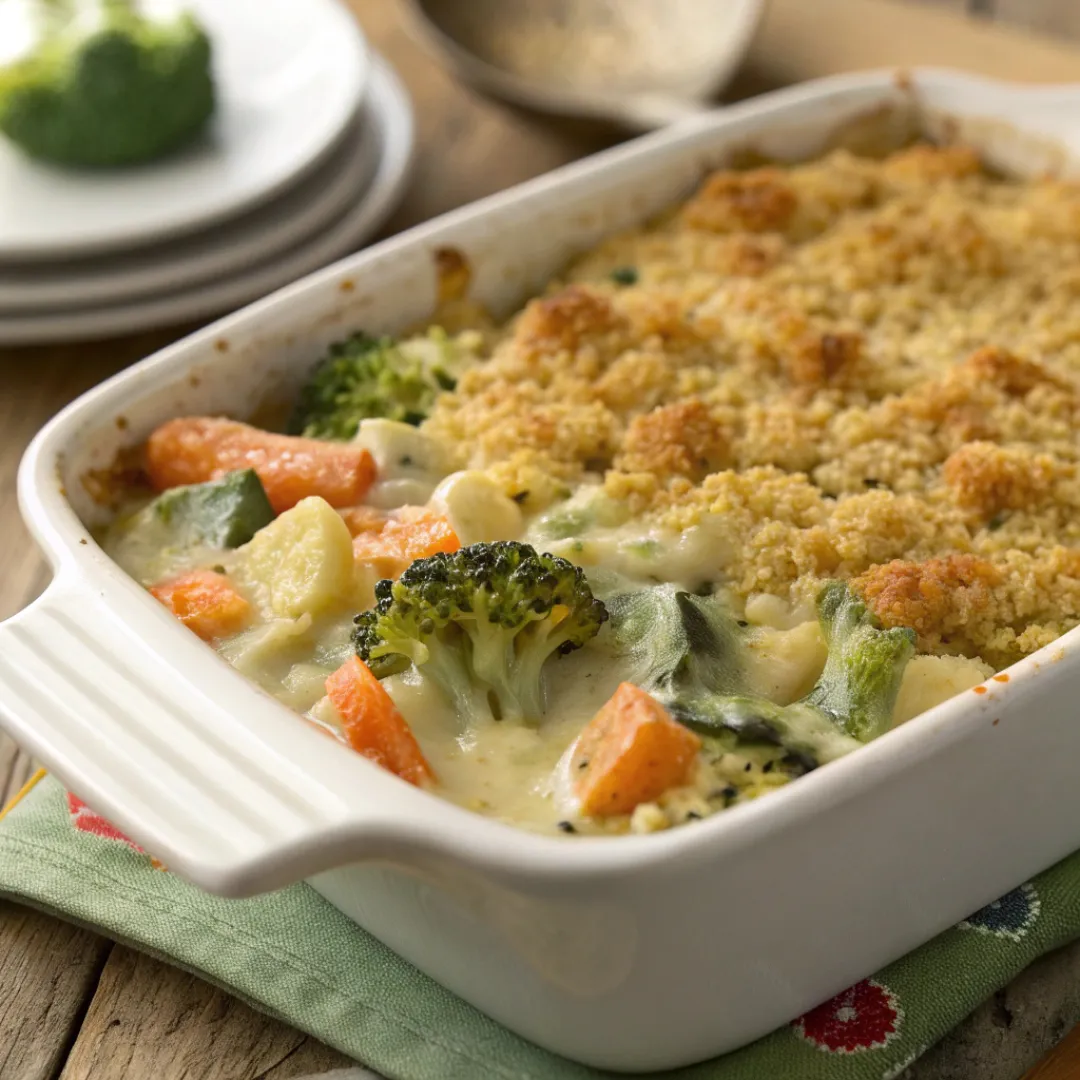 Flat lay of vegetables, cheese, cream, and breadcrumbs for casserole