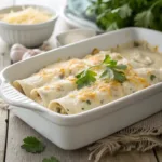 Creamy white chicken enchiladas with melted cheese and cilantro in a ceramic baking dish