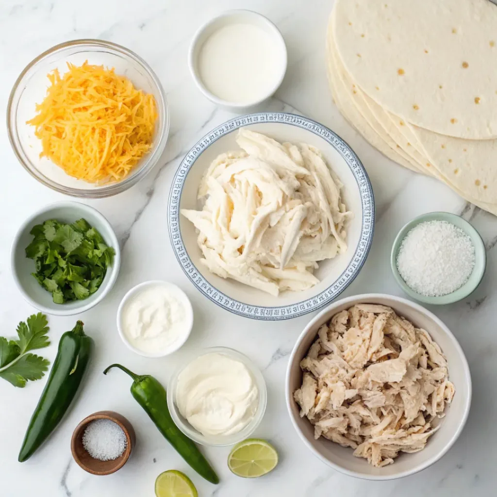 Creamy White Chicken Enchiladas 6 Flat lay of ingredients for creamy white chicken enchiladas including tortillas, shredded chicken, cheese, and cream